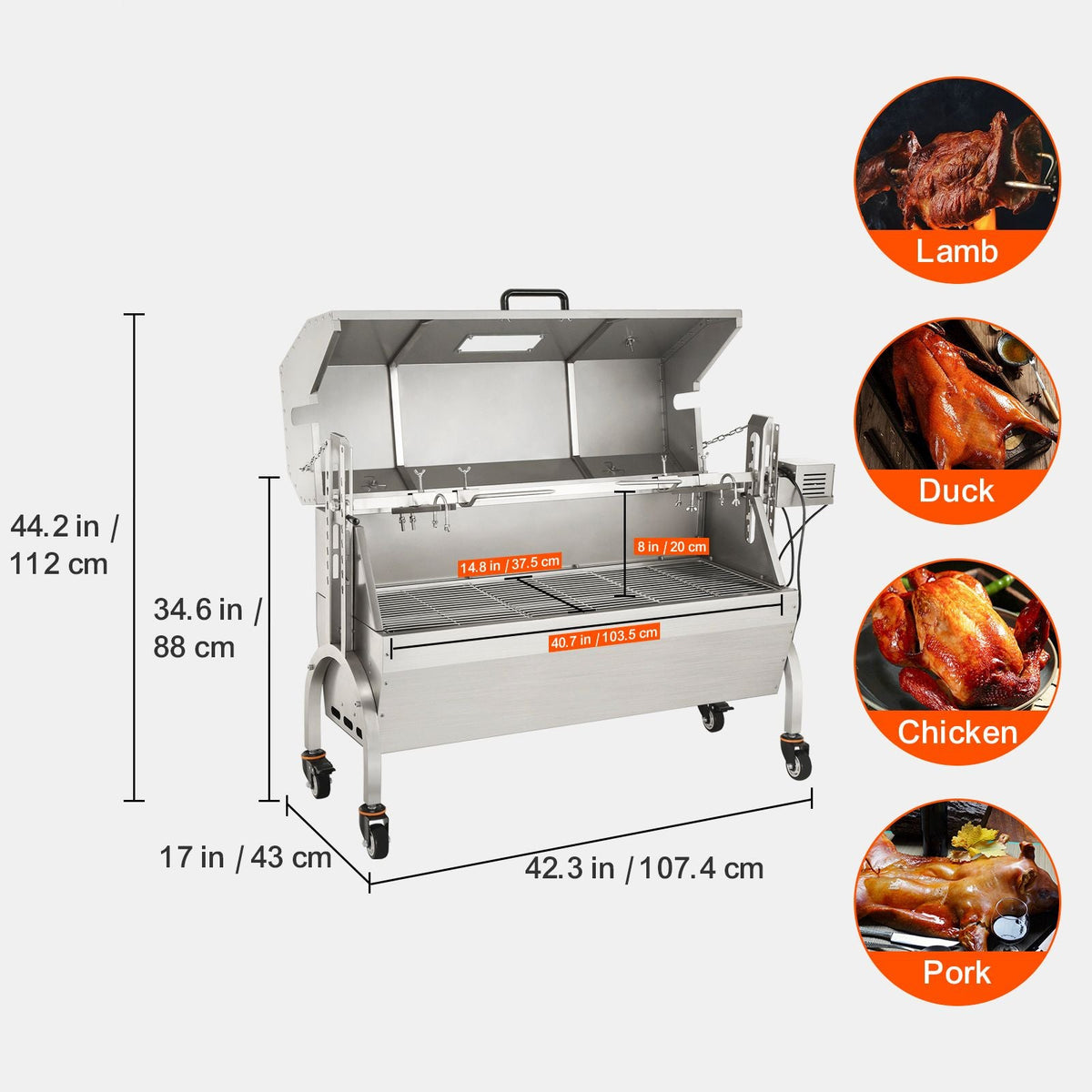 Stainless Steel Rotisserie Grill with Hooded Cover, BBQ Whole Pig Lamb Goat Charcoal Spit Grill, Electric 50W Motor BBQ Hog Rotisserie Roaster, 46 Inch 132Lbs Capacity Lamb Rotisserie System