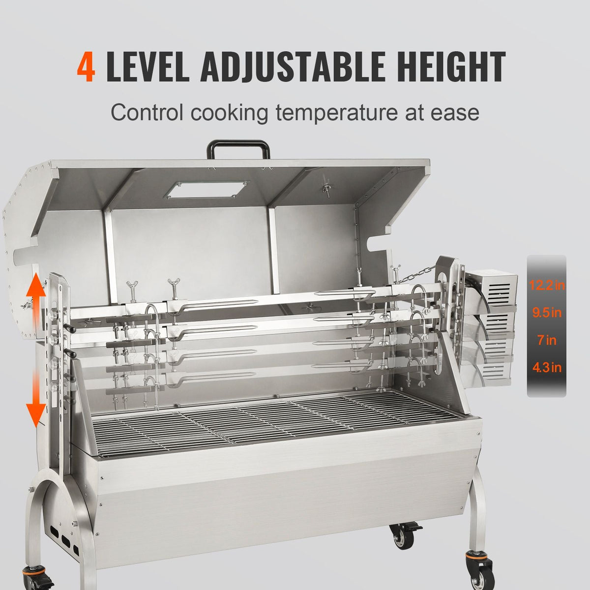 Stainless Steel Rotisserie Grill with Hooded Cover, BBQ Whole Pig Lamb Goat Charcoal Spit Grill, Electric 50W Motor BBQ Hog Rotisserie Roaster, 46 Inch 132Lbs Capacity Lamb Rotisserie System