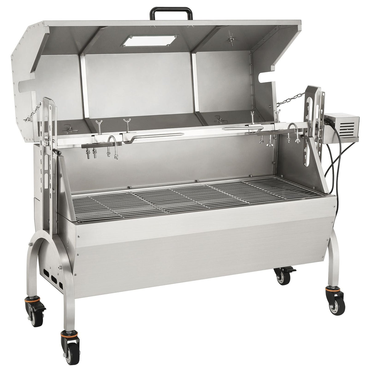 Stainless Steel Rotisserie Grill with Hooded Cover, BBQ Whole Pig Lamb Goat Charcoal Spit Grill, Electric 50W Motor BBQ Hog Rotisserie Roaster, 46 Inch 132Lbs Capacity Lamb Rotisserie System