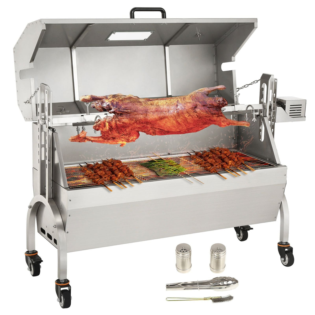 Stainless Steel Rotisserie Grill with Hooded Cover, BBQ Whole Pig Lamb Goat Charcoal Spit Grill, Electric 50W Motor BBQ Hog Rotisserie Roaster, 46 Inch 132Lbs Capacity Lamb Rotisserie System