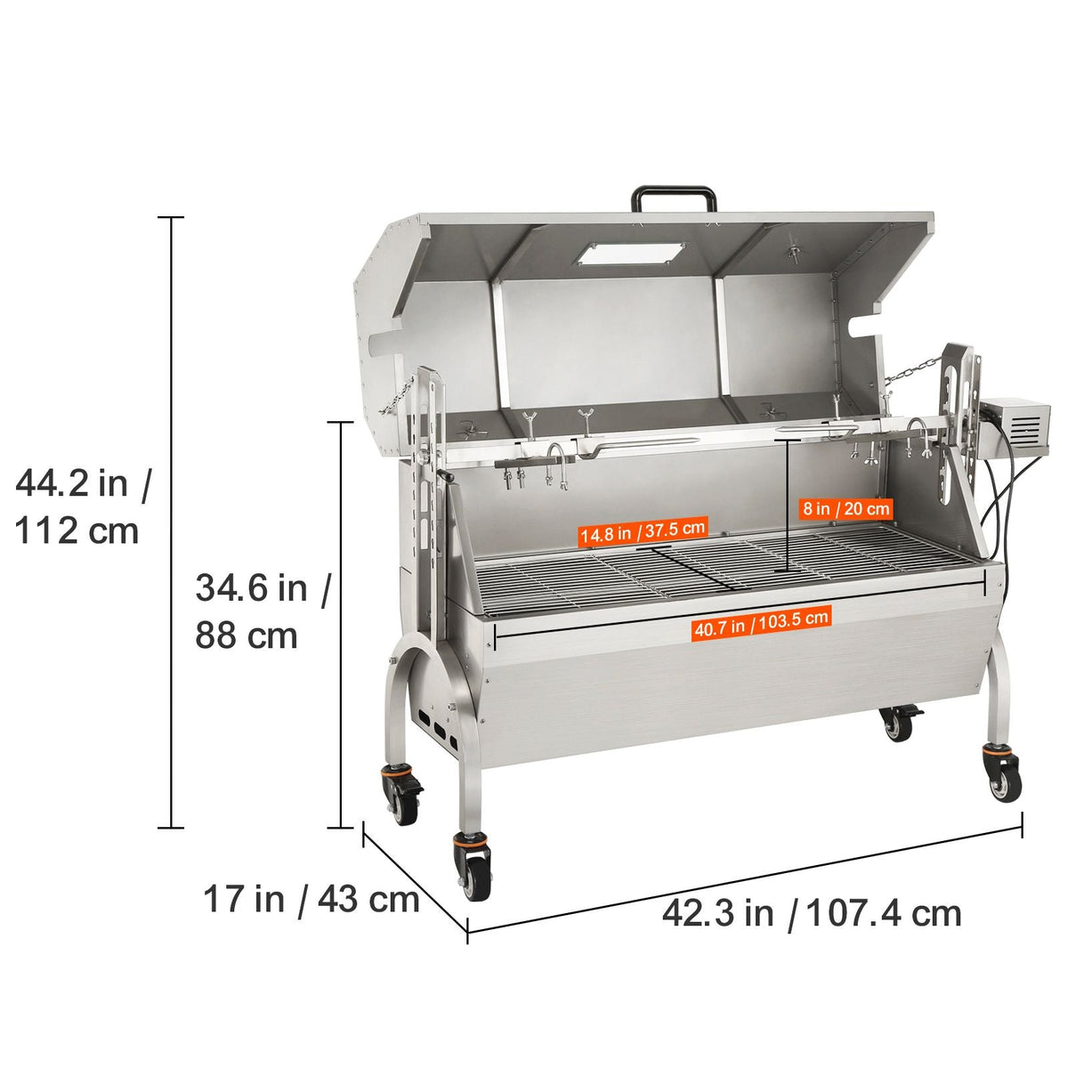 Stainless Steel Rotisserie Grill with Hooded Cover, BBQ Whole Pig Lamb Goat Charcoal Spit Grill, Electric 50W Motor BBQ Hog Rotisserie Roaster, 46 Inch 132Lbs Capacity Lamb Rotisserie System