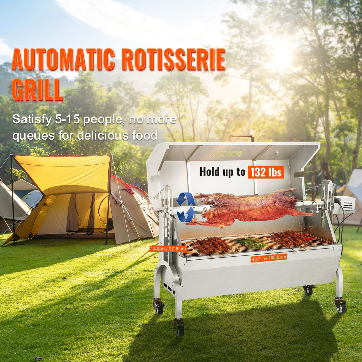 Stainless Steel Rotisserie Grill with Hooded Cover, BBQ Whole Pig Lamb Goat Charcoal Spit Grill, Electric 50W Motor BBQ Hog Rotisserie Roaster, 46 Inch 132Lbs Capacity Lamb Rotisserie System