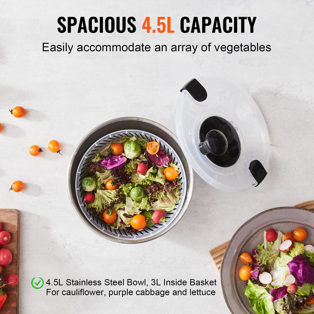 Stainless Steel Salad Spinner, 4.75Qt, One-handed Easy Press Large Vegetable Dryer Washer, Lettuce Cleaner and Dryer with 304 Stainless Steel Bowl, for Greens, Herbs, Berries, Fruits, No BPA