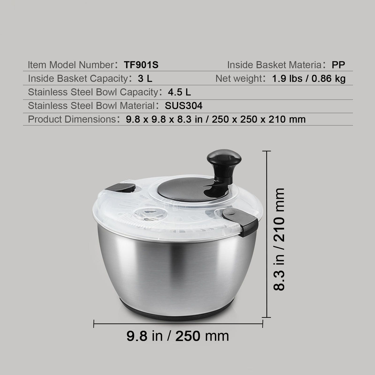 Stainless Steel Salad Spinner, 4.75Qt, One-handed Easy Press Large Vegetable Dryer Washer, Lettuce Cleaner and Dryer with 304 Stainless Steel Bowl, for Greens, Herbs, Berries, Fruits, No BPA