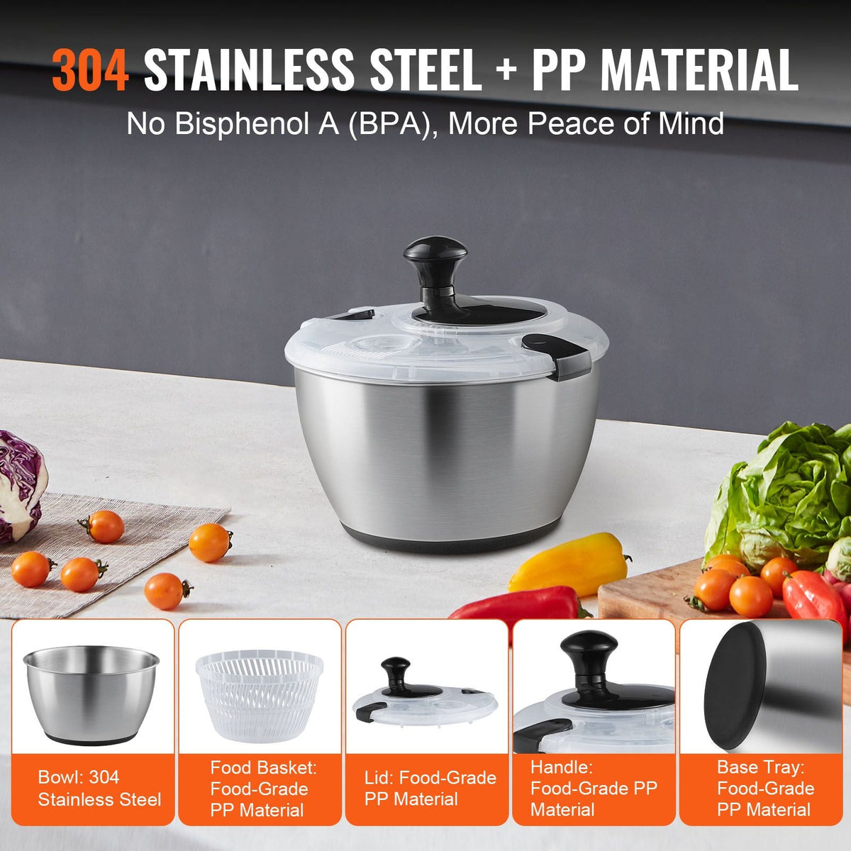 Stainless Steel Salad Spinner, 4.75Qt, One-handed Easy Press Large Vegetable Dryer Washer, Lettuce Cleaner and Dryer with 304 Stainless Steel Bowl, for Greens, Herbs, Berries, Fruits, No BPA