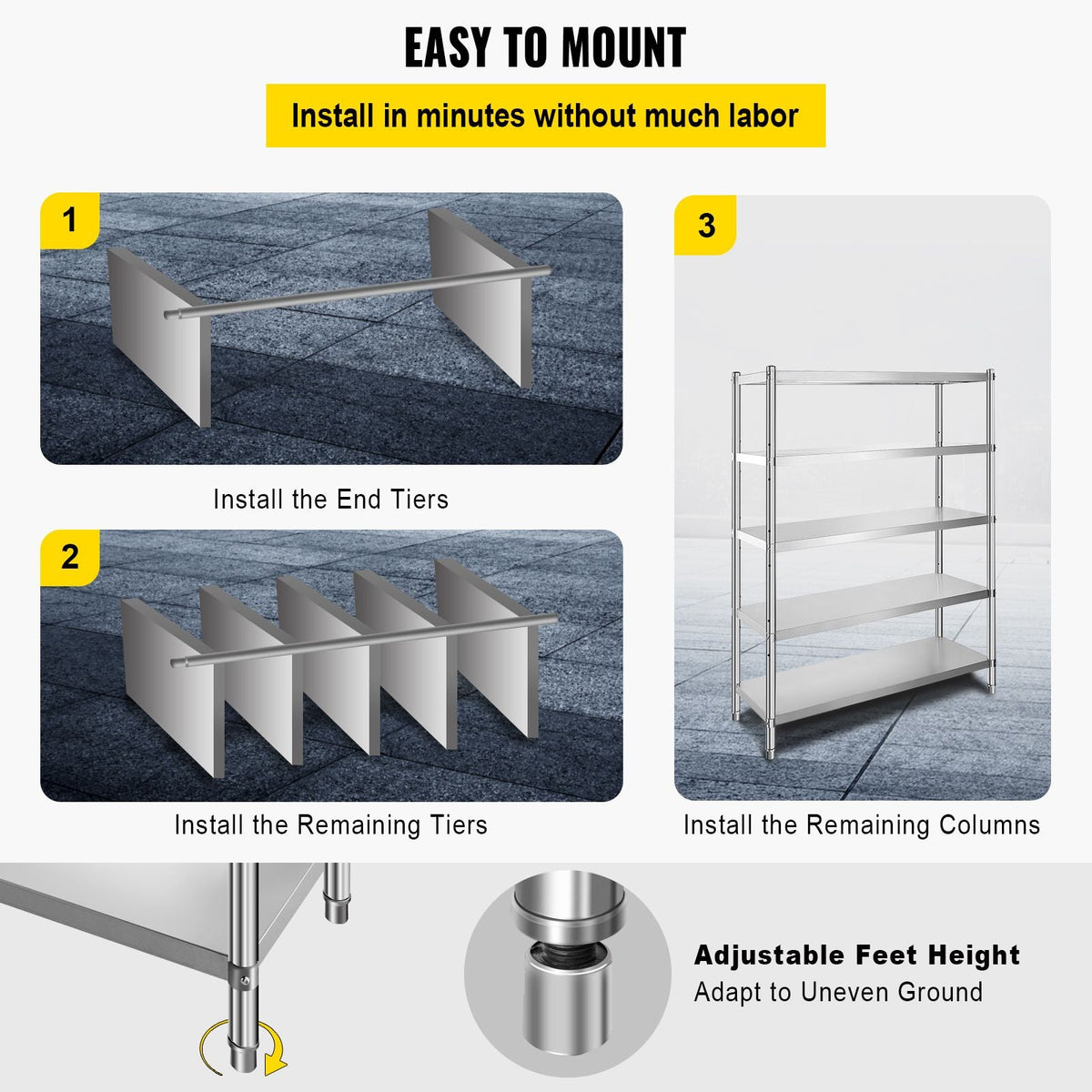 Stainless Steel Shelves 48x18.5 Inch 5 Tier Adjustable Shelf Storage Unit Stainless Steel Rack Shelving Heavy Duty Shelving for Kitchen Commercial Office Garage Storage 330lb Per Shelf