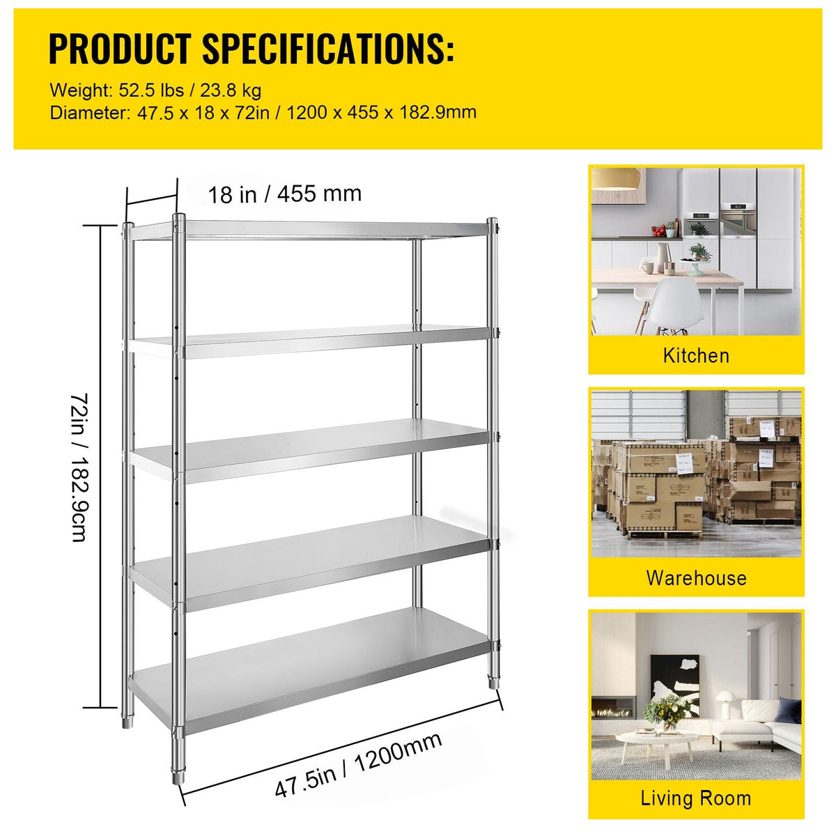 Stainless Steel Shelves 48x18.5 Inch 5 Tier Adjustable Shelf Storage Unit Stainless Steel Rack Shelving Heavy Duty Shelving for Kitchen Commercial Office Garage Storage 330lb Per Shelf