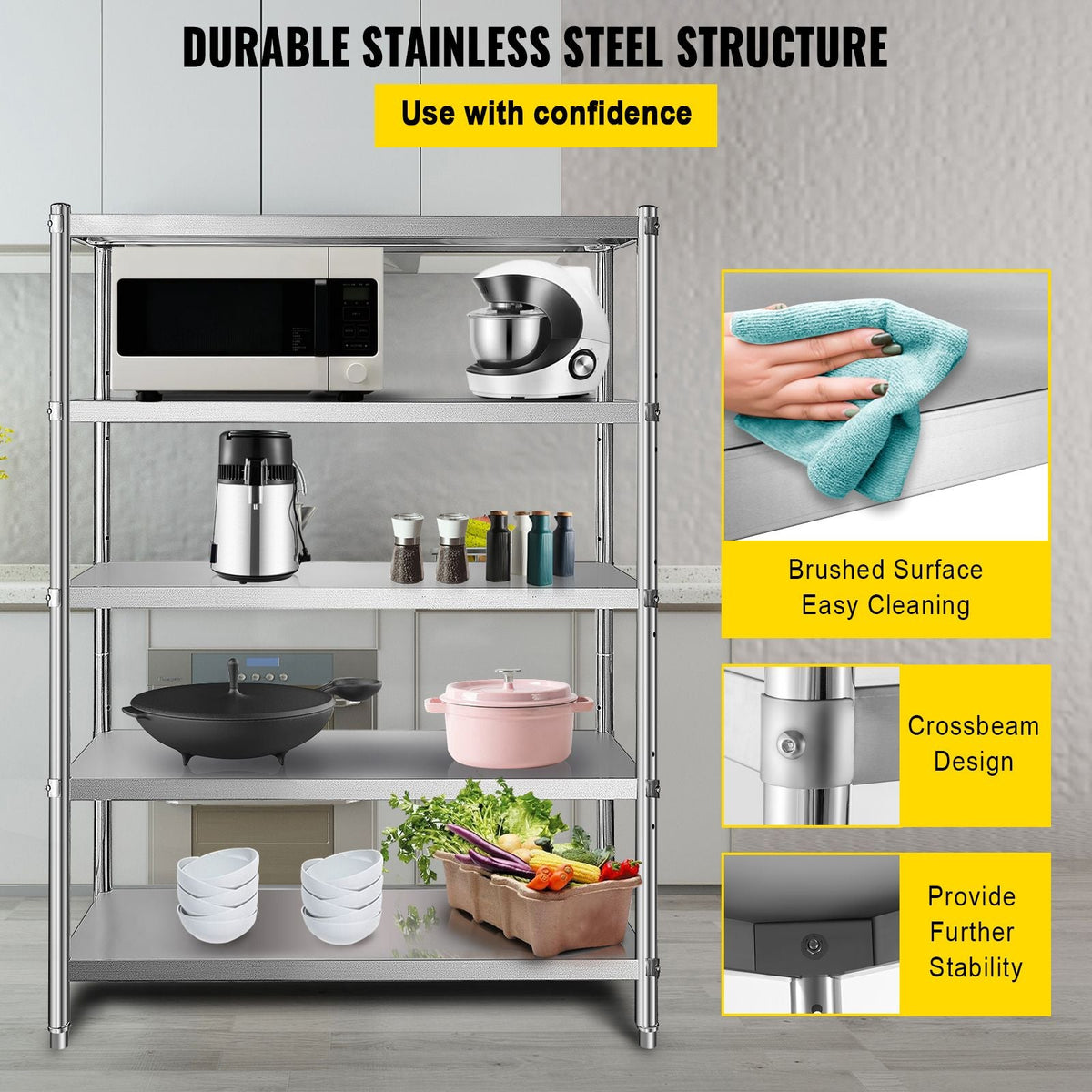 Stainless Steel Shelves 48x18.5 Inch 5 Tier Adjustable Shelf Storage Unit Stainless Steel Rack Shelving Heavy Duty Shelving for Kitchen Commercial Office Garage Storage 330lb Per Shelf
