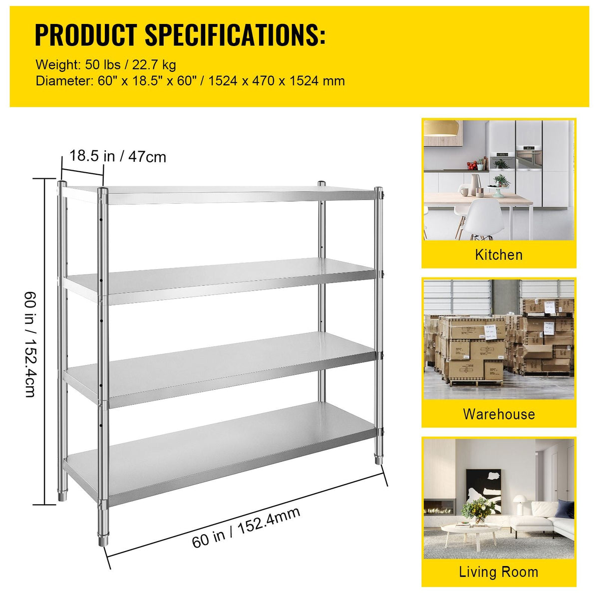 Stainless Steel Shelving 60x18.5 Inch 4 Tier Adjustable Shelf Storage Unit Stainless Steel Heavy Duty Shelving for Kitchen Commercial Office Garage Storage 330lb Per Shelf
