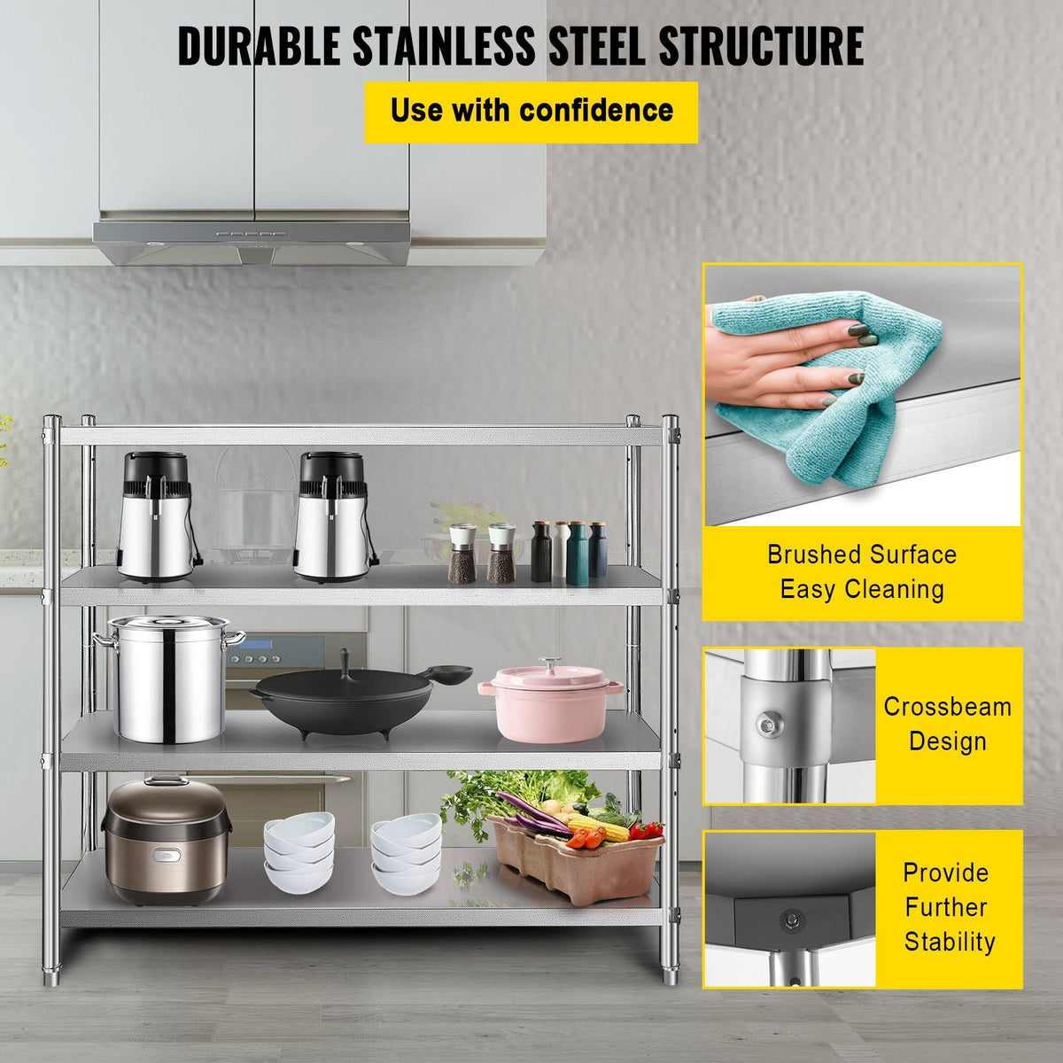 Stainless Steel Shelving 60x18.5 Inch 4 Tier Adjustable Shelf Storage Unit Stainless Steel Heavy Duty Shelving for Kitchen Commercial Office Garage Storage 330lb Per Shelf