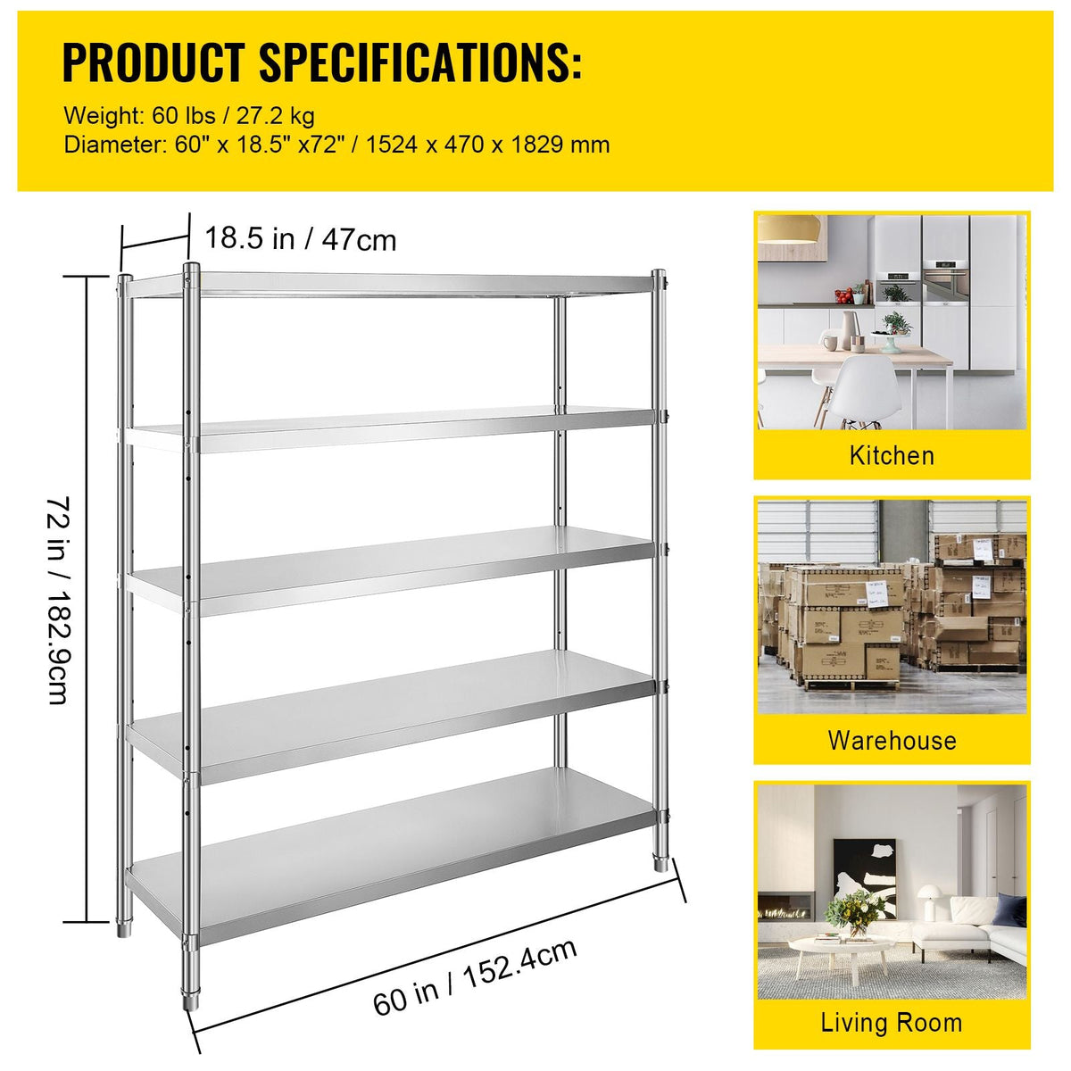 Stainless Steel Shelving 60x18.5 Inch 5 Tier Adjustable Shelf Storage Unit Stainless Steel Heavy Duty Shelving for Kitchen Commercial Office Garage Storage 330lb Per Shelf