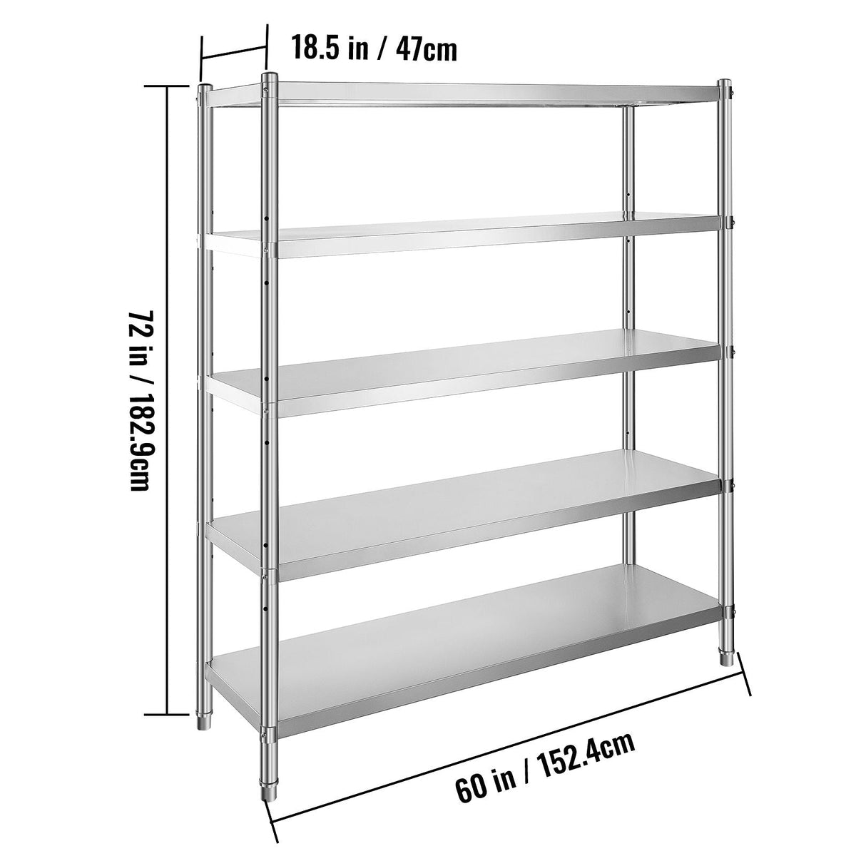 Stainless Steel Shelving 60x18.5 Inch 5 Tier Adjustable Shelf Storage Unit Stainless Steel Heavy Duty Shelving for Kitchen Commercial Office Garage Storage 330lb Per Shelf