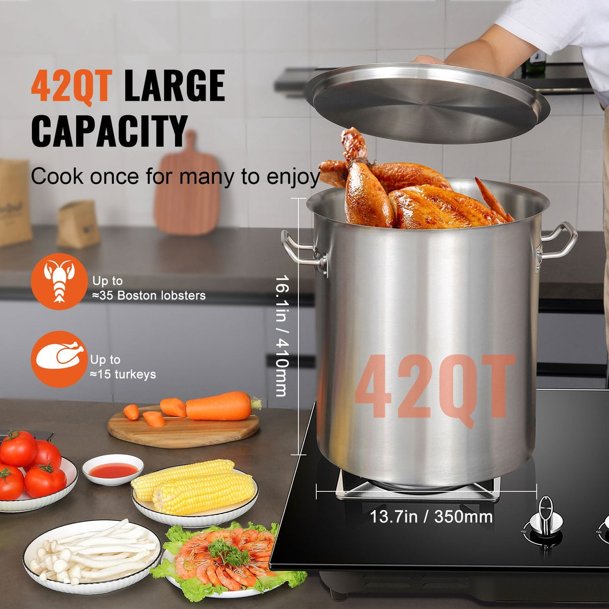 Stainless Steel Stockpot, 42 Quart Large Cooking Pots, Cookware Sauce Pot with Basket, Lid, and Handle, Heavy Duty Commercial Grade Stock Pot, Sanding Treatment, for Large Groups Events Silver