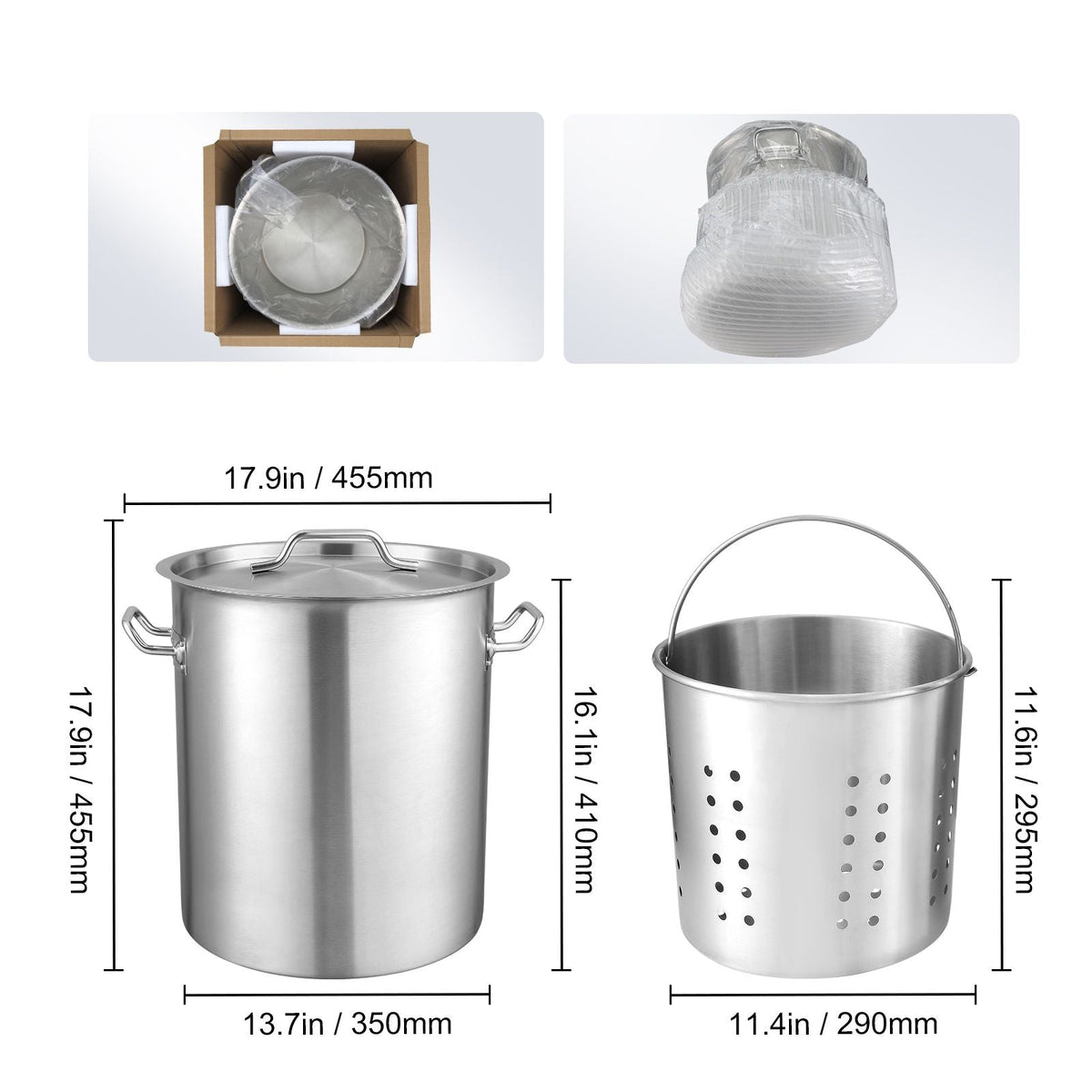 Stainless Steel Stockpot, 42 Quart Large Cooking Pots, Cookware Sauce Pot with Basket, Lid, and Handle, Heavy Duty Commercial Grade Stock Pot, Sanding Treatment, for Large Groups Events Silver