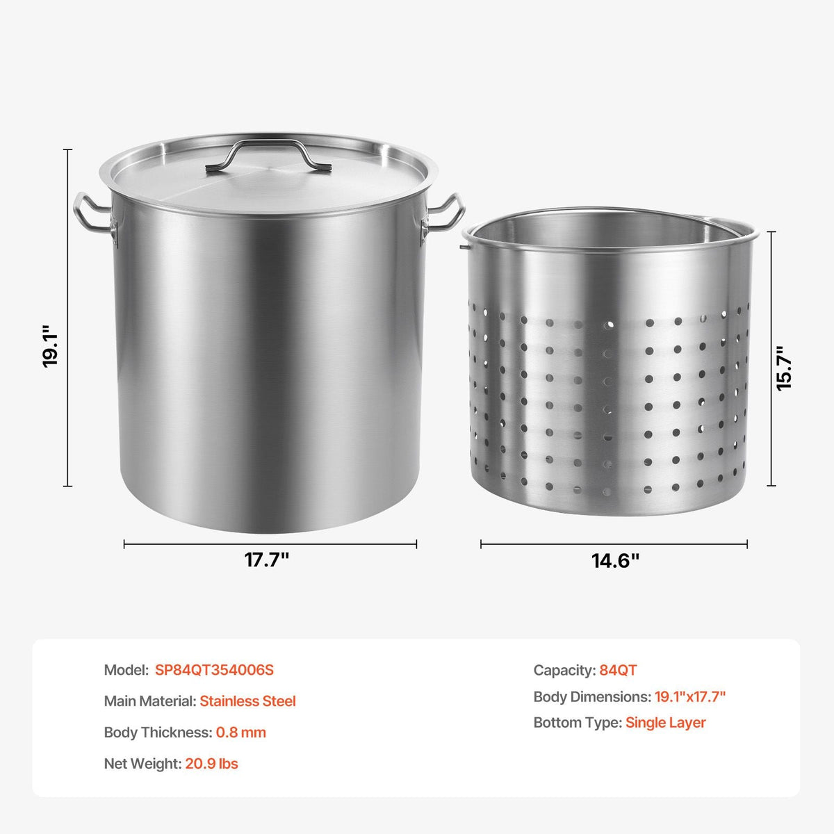 Stainless Steel Stockpot, 84 Quart Large Cooking Pots, Cookware Sauce Pot with Basket, Lid, and Handle, Heavy Duty Commercial Grade Stock Pot, Sanding Treatment, for Large Groups Events Silver