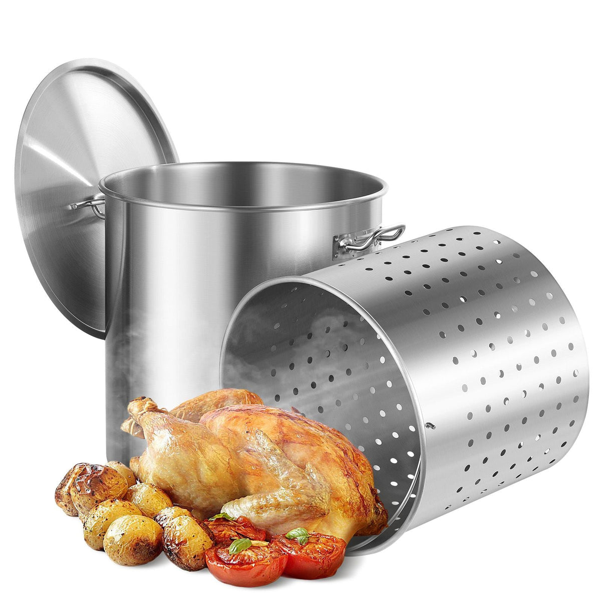 Stainless Steel Stockpot, 84 Quart Large Cooking Pots, Cookware Sauce Pot with Basket, Lid, and Handle, Heavy Duty Commercial Grade Stock Pot, Sanding Treatment, for Large Groups Events Silver