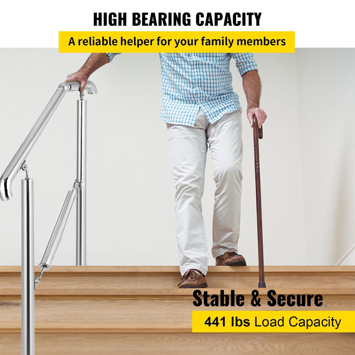 Stainless Steel Transitional Handrail fit for Level Surface and 2 to 3 Adjustable Stair Indoor Outdoor Step Railings 441lb Capacity with Installation Kit Porch DIY, Silver