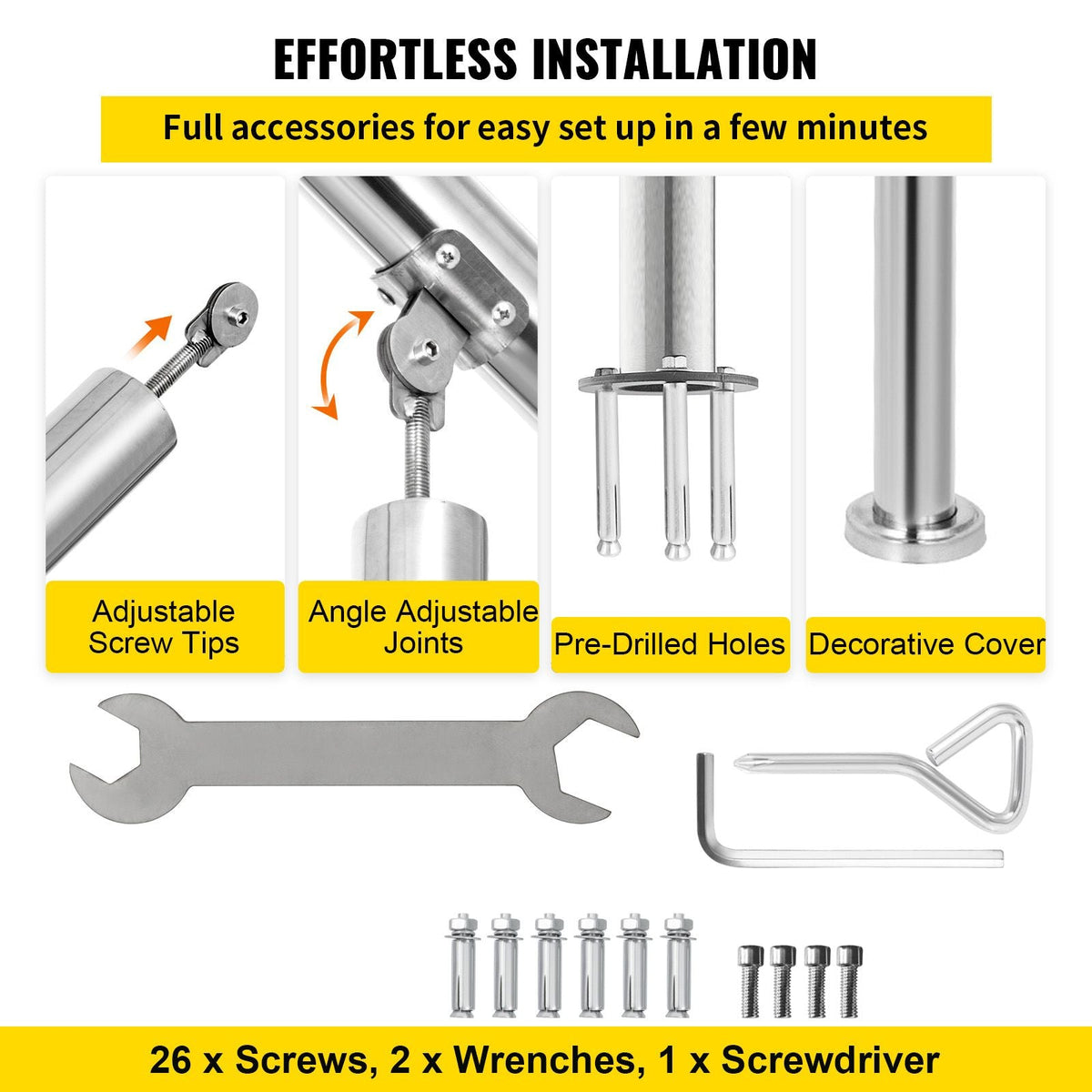 Stainless Steel Transitional Handrail fit for Level Surface and 2 to 3 Adjustable Stair Indoor Outdoor Step Railings 441lb Capacity with Installation Kit Porch DIY, Silver