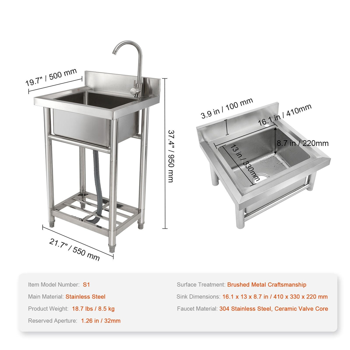 Stainless Steel Utility Sink, 1 Compartment Free Standing Small Sink Include Faucet & legs, 16 x 13 x 8.7 in Commercial Single Bowl Sinks for Garage, Restaurant, Kitchen, Laundry