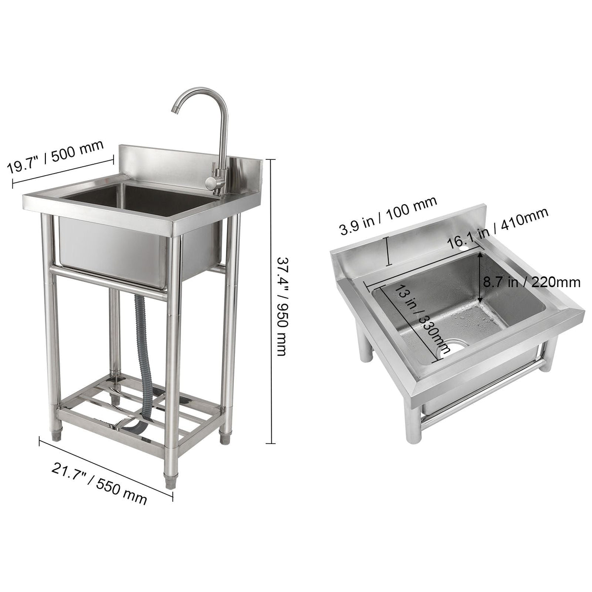 Stainless Steel Utility Sink, 1 Compartment Free Standing Small Sink Include Faucet & legs, 16 x 13 x 8.7 in Commercial Single Bowl Sinks for Garage, Restaurant, Kitchen, Laundry