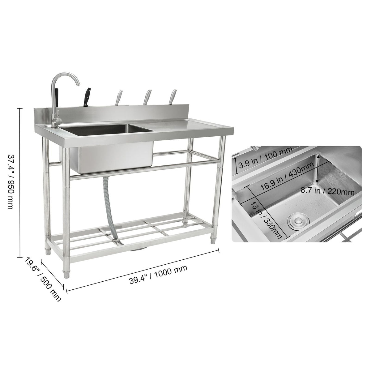Stainless Steel Utility Sink, 1 Compartment Free Standing Small Sink w/Workbench Faucet & legs, 39.4 x 19.1 x 37.4 in Commercial Single Bowl Sinks for Garage, Restaurant, Laundry