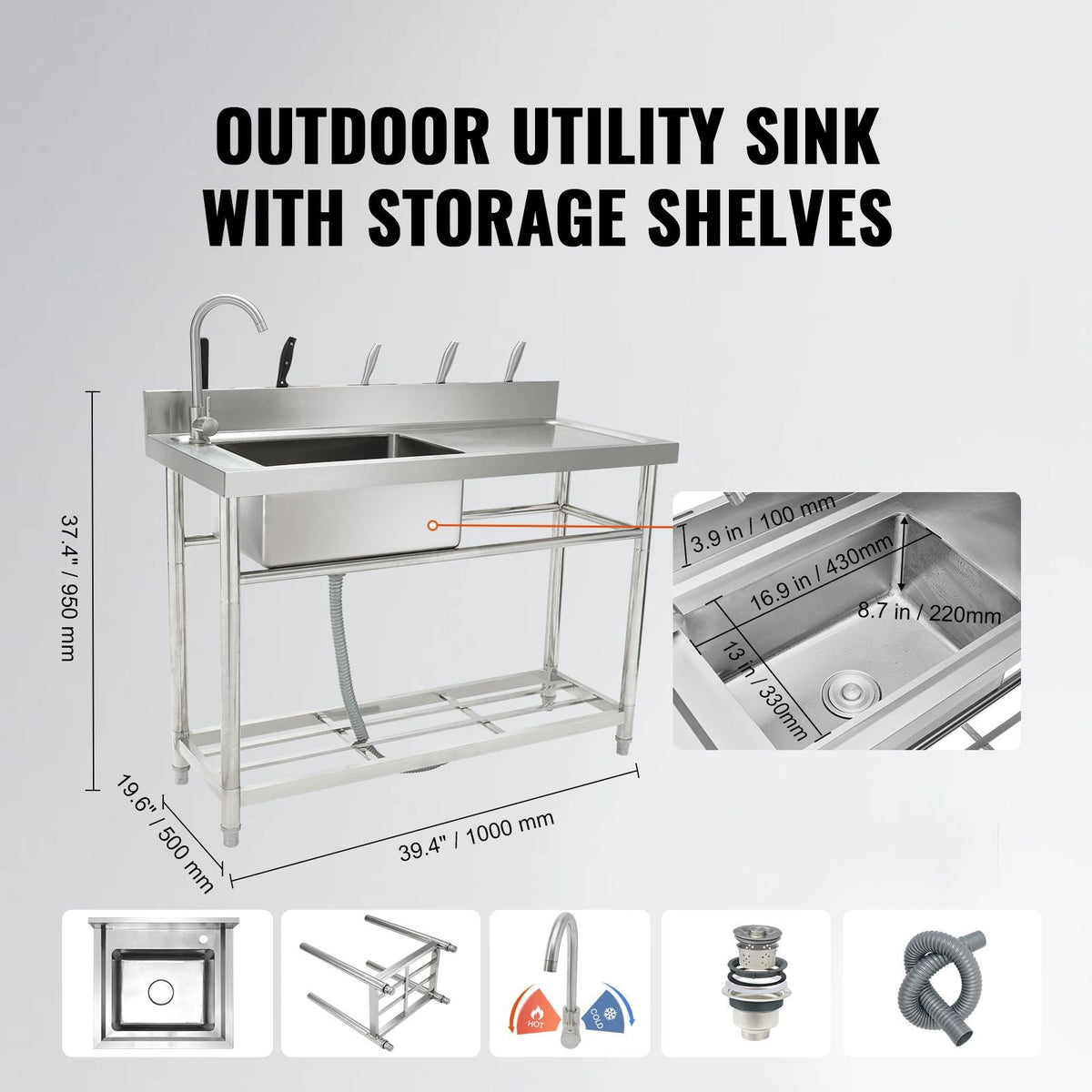 Stainless Steel Utility Sink, 1 Compartment Free Standing Small Sink w/Workbench Faucet & legs, 39.4 x 19.1 x 37.4 in Commercial Single Bowl Sinks for Garage, Restaurant, Laundry