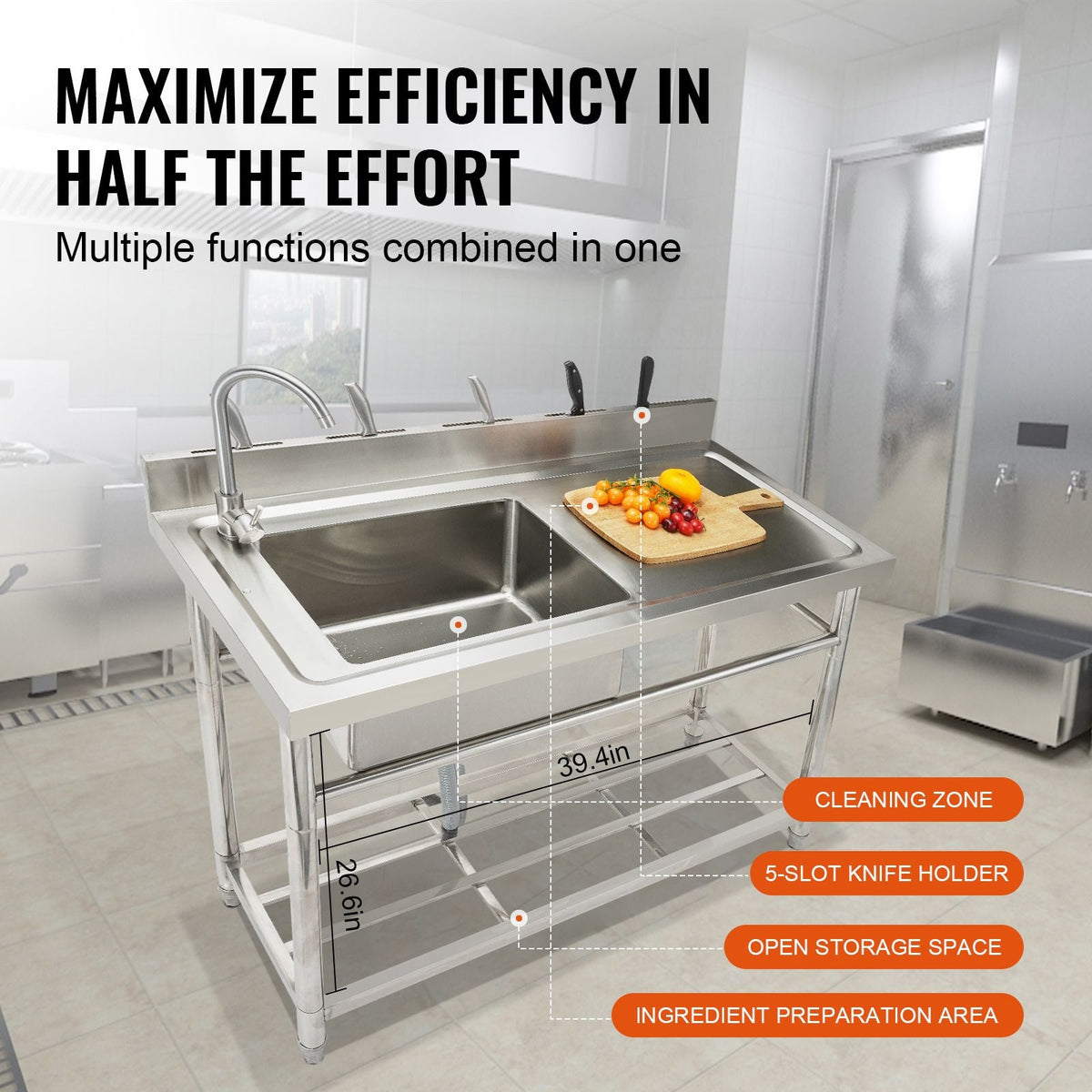 Stainless Steel Utility Sink, 1 Compartment Free Standing Small Sink w/Workbench Faucet & legs, 39.4 x 19.1 x 37.4 in Commercial Single Bowl Sinks for Garage, Restaurant, Laundry