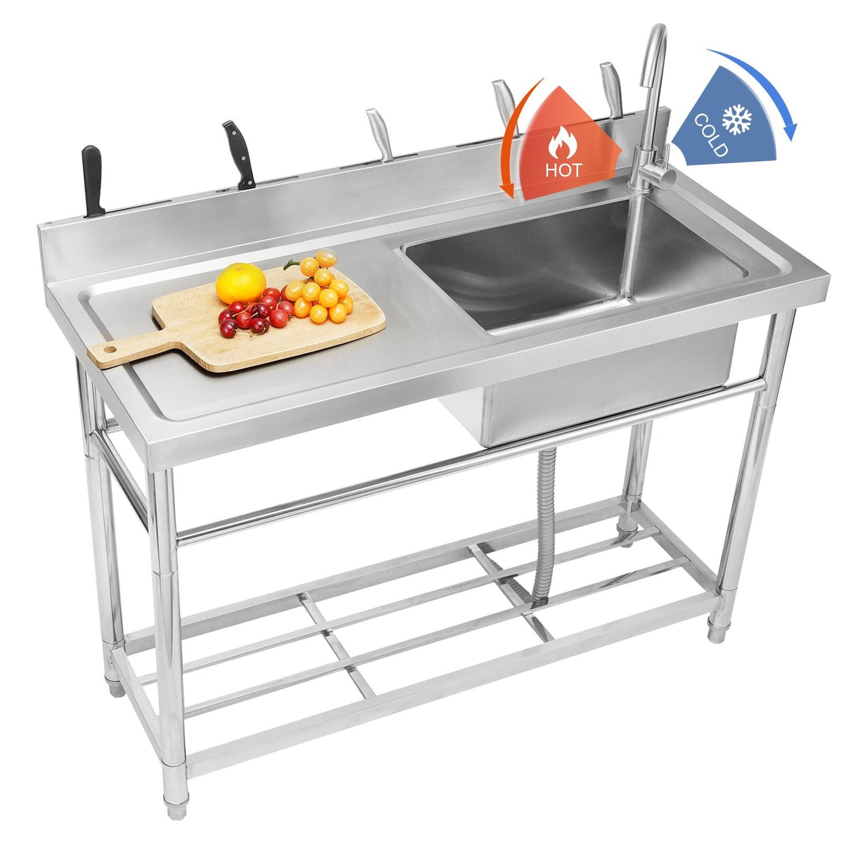 Stainless Steel Utility Sink, 1 Compartment Free Standing Small Sink w/Workbench Faucet & legs, 47.2 x 19.7 x 37.4 in Commercial Single Bowl Sinks for Garage, Restaurant, Laundry