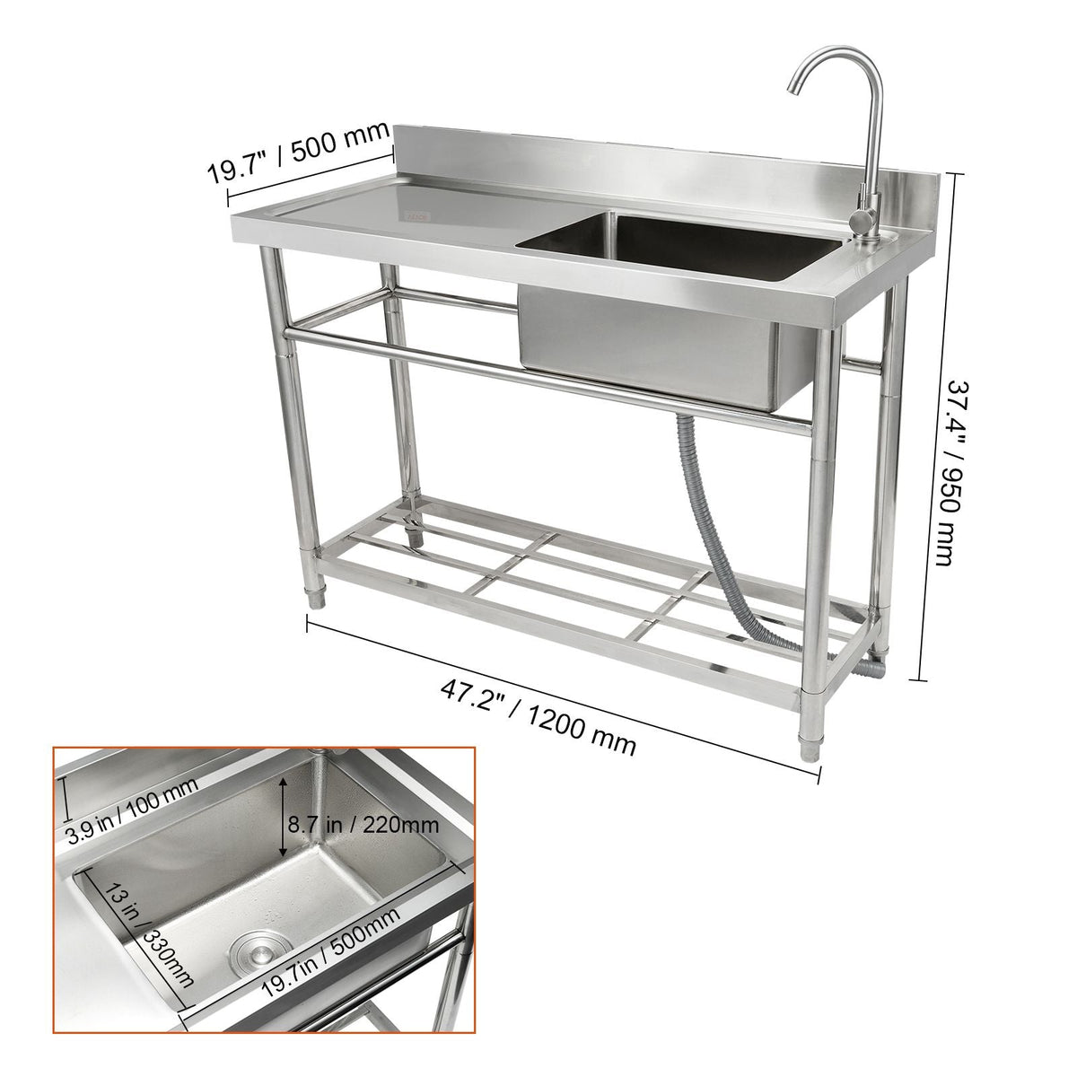 Stainless Steel Utility Sink, 1 Compartment Free Standing Small Sink w/Workbench Faucet & legs, 47.2 x 19.7 x 37.4 in Commercial Single Bowl Sinks for Garage, Restaurant, Laundry