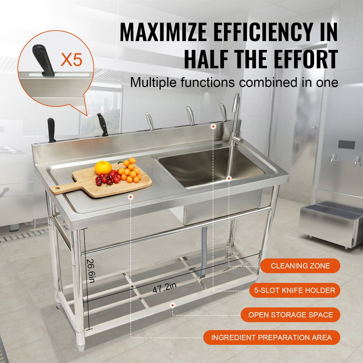 Stainless Steel Utility Sink, 1 Compartment Free Standing Small Sink w/Workbench Faucet & legs, 47.2 x 19.7 x 37.4 in Commercial Single Bowl Sinks for Garage, Restaurant, Laundry
