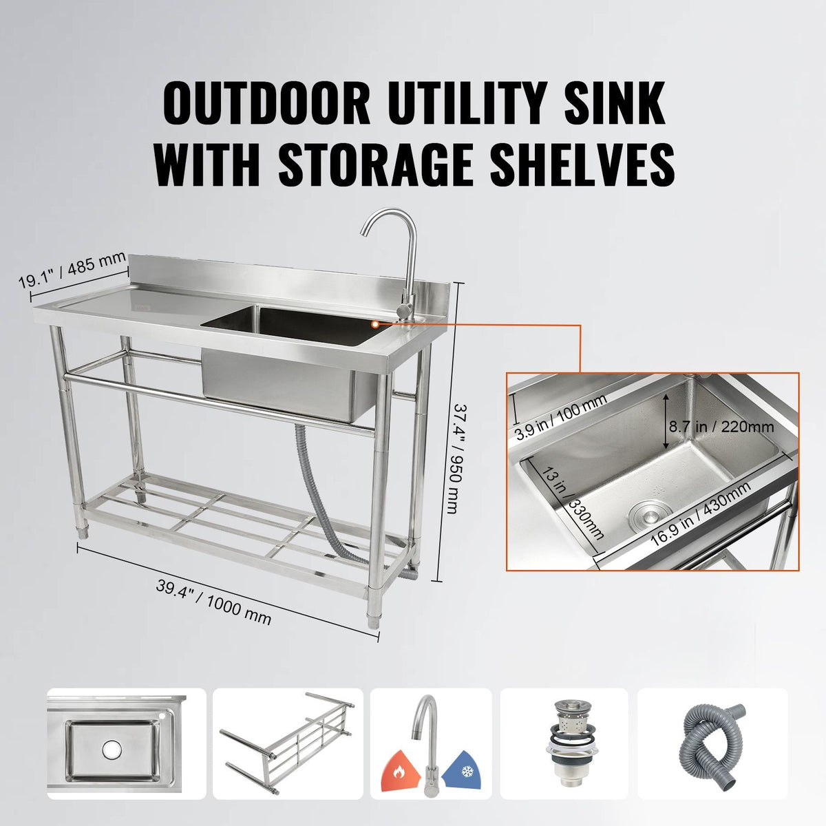 Stainless Steel Utility Sink, Free Standing Single Bowl Commercial Kitchen Sink Set w/Workbench, 39.4 x 19.1 x 37.4 in Commercial Single Bowl Sinks for Garage, Restaurant, Laundry