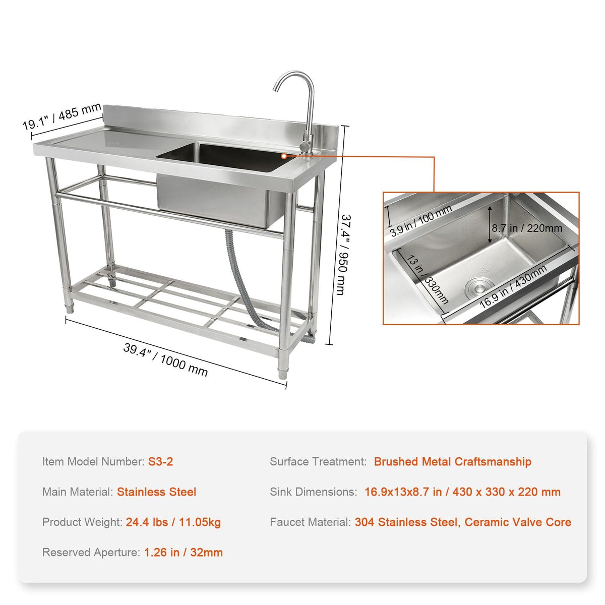 Stainless Steel Utility Sink, Free Standing Single Bowl Commercial Kitchen Sink Set w/Workbench, 39.4 x 19.1 x 37.4 in Commercial Single Bowl Sinks for Garage, Restaurant, Laundry