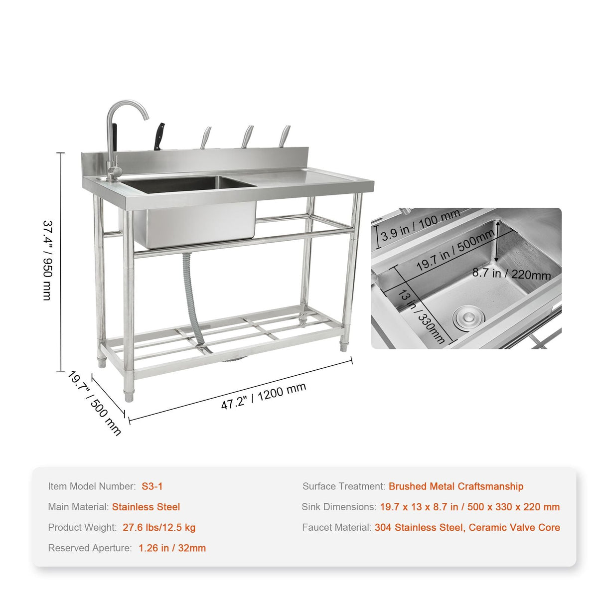 Stainless Steel Utility Sink, Free Standing Single Bowl Commercial Kitchen Sink Set w/Workbench, 47 x 19.7 x 37.4 in Commercial Single Bowl Sinks for Garage, Restaurant, Laundry