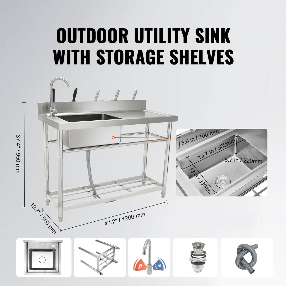 Stainless Steel Utility Sink, Free Standing Single Bowl Commercial Kitchen Sink Set w/Workbench, 47 x 19.7 x 37.4 in Commercial Single Bowl Sinks for Garage, Restaurant, Laundry
