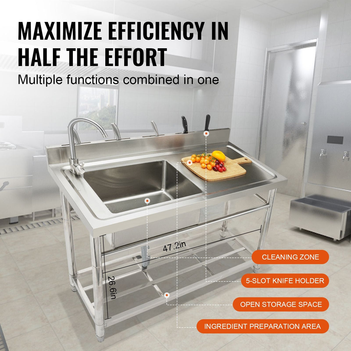 Stainless Steel Utility Sink, Free Standing Single Bowl Commercial Kitchen Sink Set w/Workbench, 47 x 19.7 x 37.4 in Commercial Single Bowl Sinks for Garage, Restaurant, Laundry