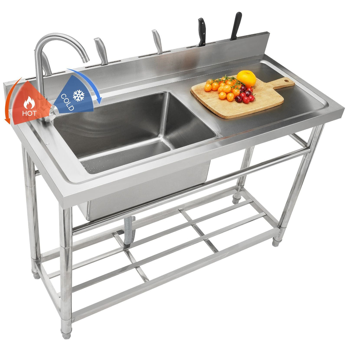 Stainless Steel Utility Sink, Free Standing Single Bowl Commercial Kitchen Sink Set w/Workbench, 47 x 19.7 x 37.4 in Commercial Single Bowl Sinks for Garage, Restaurant, Laundry
