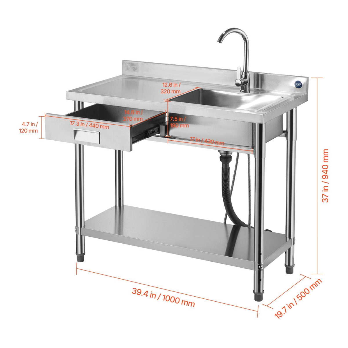 Stainless Steel Utility Sink, Free Standing Single Bowl Commercial Kitchen Sink with Drawer, Faucet and Hot & Cold Water Pipe, Utility Basin for Garage Restaurant Laundry, 39.4 x 19.7 x 37 in