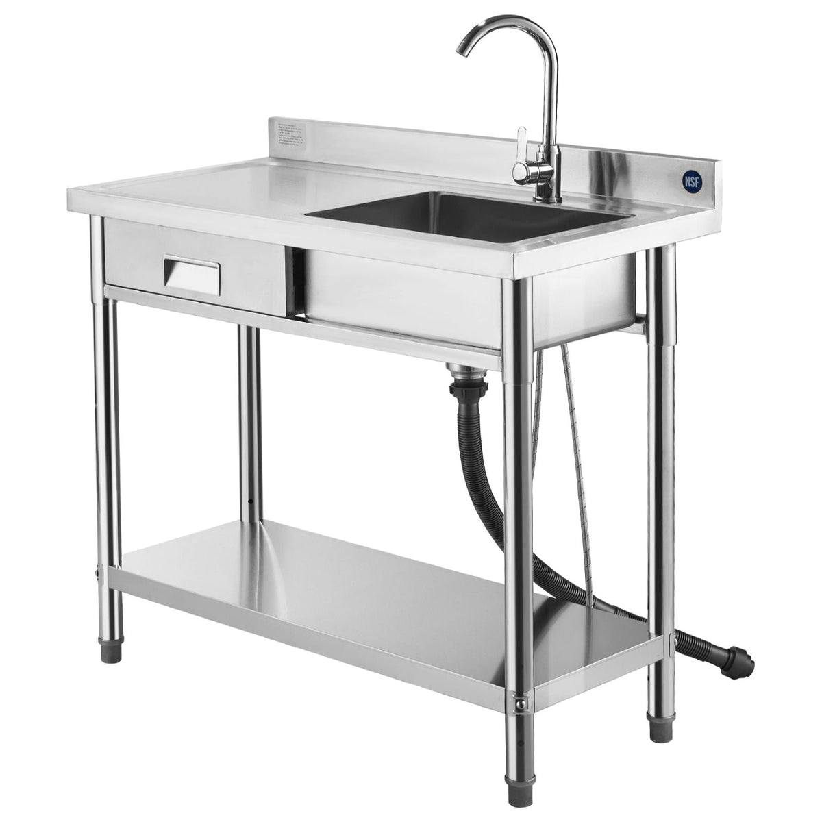 Stainless Steel Utility Sink, Free Standing Single Bowl Commercial Kitchen Sink with Drawer, Faucet and Hot & Cold Water Pipe, Utility Basin for Garage Restaurant Laundry, 39.4 x 19.7 x 37 in