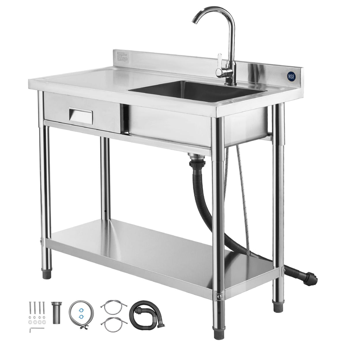 Stainless Steel Utility Sink, Free Standing Single Bowl Commercial Kitchen Sink with Drawer, Faucet and Hot & Cold Water Pipe, Utility Basin for Garage Restaurant Laundry, 39.4 x 19.7 x 37 in
