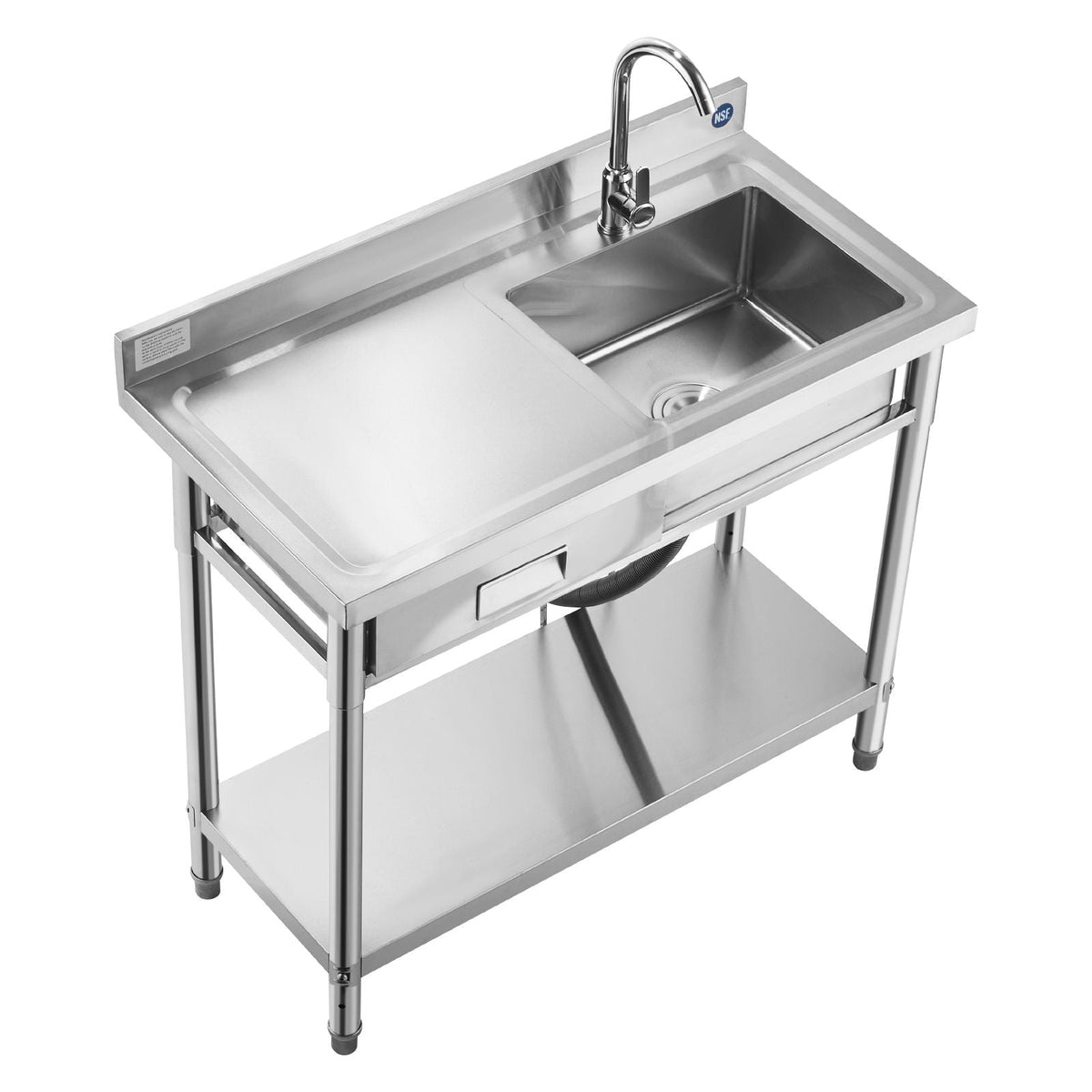 Stainless Steel Utility Sink, Free Standing Single Bowl Commercial Kitchen Sink with Drawer, Faucet and Hot & Cold Water Pipe, Utility Basin for Garage Restaurant Laundry, 39.4 x 19.7 x 37 in