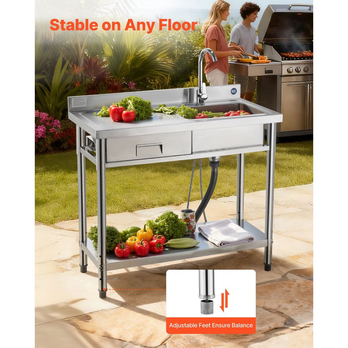 Stainless Steel Utility Sink, Free Standing Single Bowl Commercial Kitchen Sink with Drawer, Faucet and Hot & Cold Water Pipe, Utility Basin for Garage Restaurant Laundry, 39.4 x 19.7 x 37 in