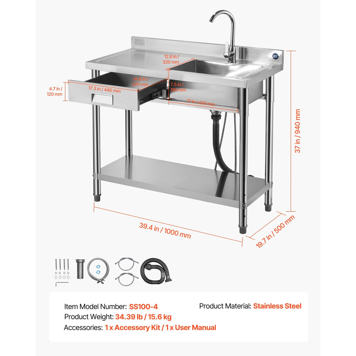 Stainless Steel Utility Sink, Free Standing Single Bowl Commercial Kitchen Sink with Drawer, Faucet and Hot & Cold Water Pipe, Utility Basin for Garage Restaurant Laundry, 39.4 x 19.7 x 37 in