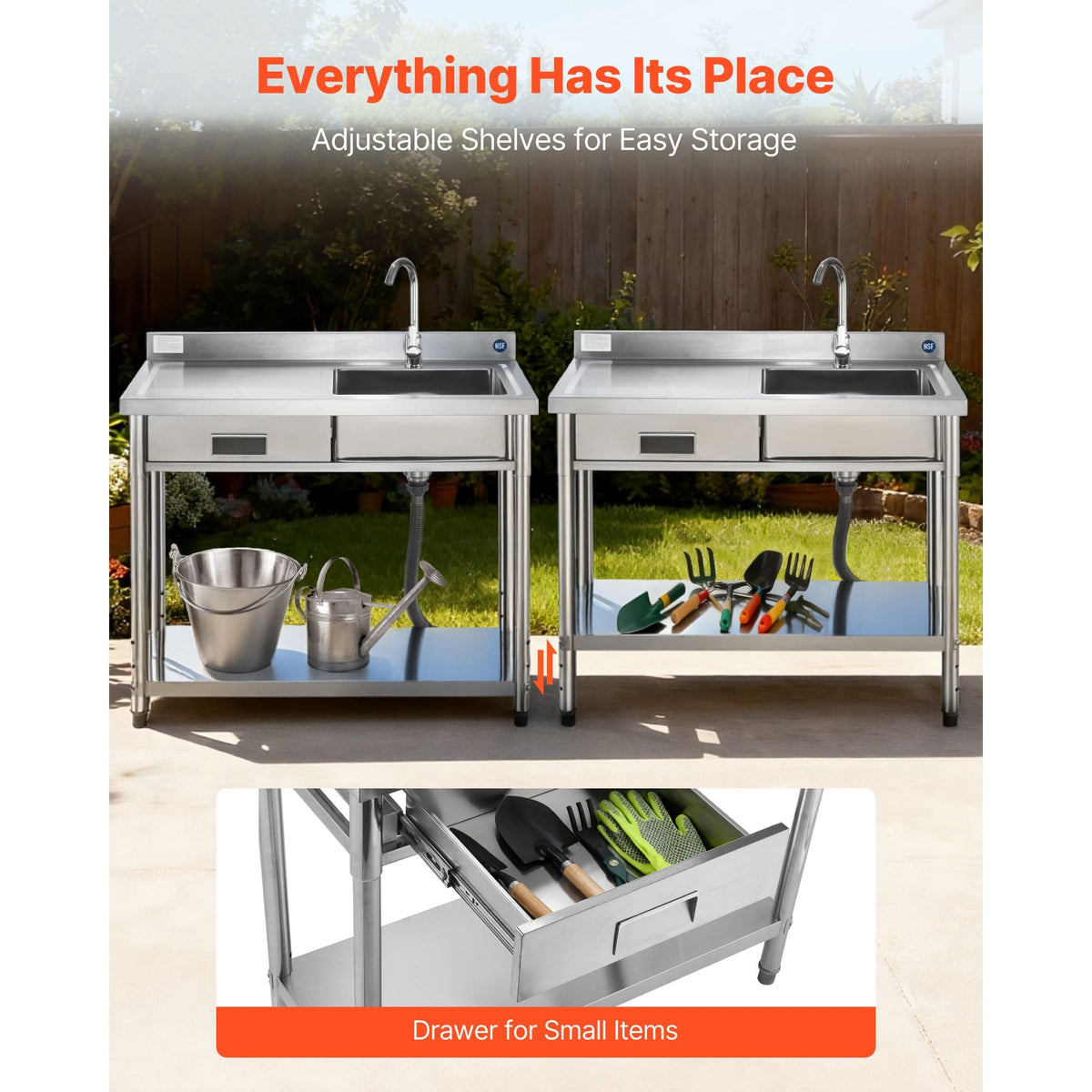 Stainless Steel Utility Sink, Free Standing Single Bowl Commercial Kitchen Sink with Drawer, Faucet and Hot & Cold Water Pipe, Utility Basin for Garage Restaurant Laundry, 39.4 x 19.7 x 37 in
