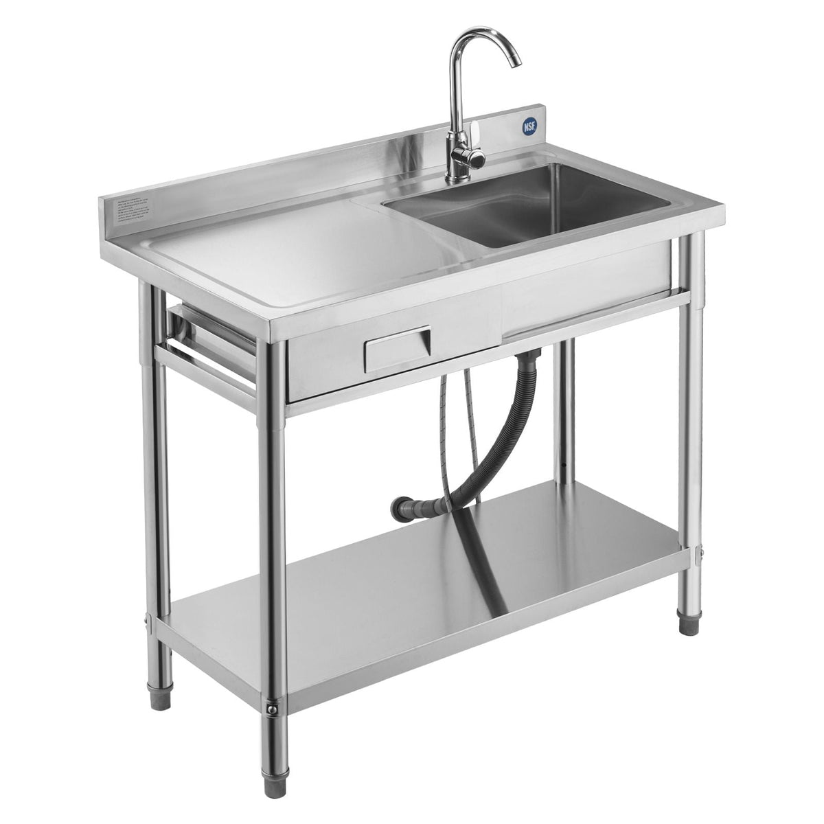 Stainless Steel Utility Sink, Free Standing Single Bowl Commercial Kitchen Sink with Drawer, Faucet and Hot & Cold Water Pipe, Utility Basin for Garage Restaurant Laundry, 39.4 x 19.7 x 37 in
