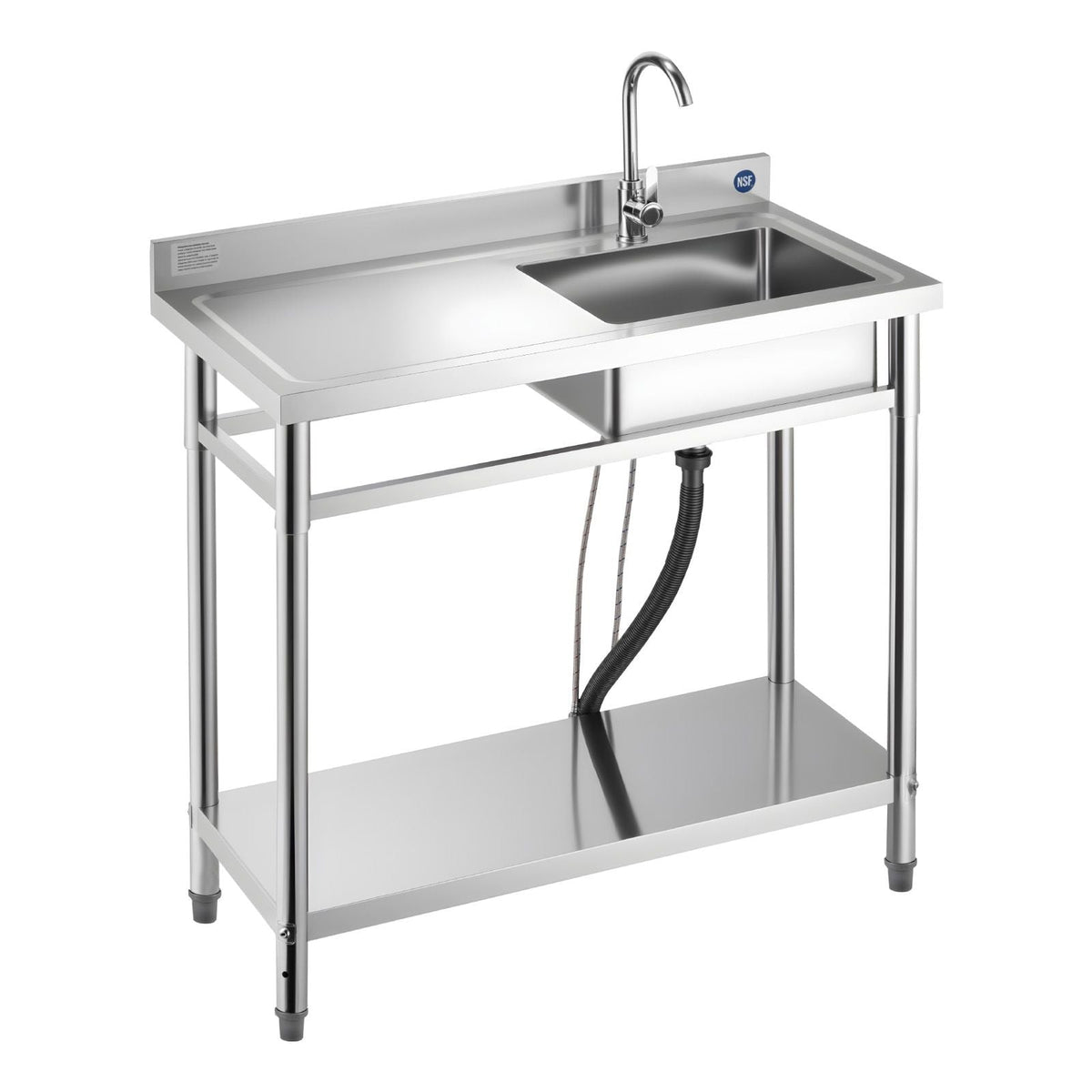 Stainless Steel Utility Sink, Free Standing Single Bowl Commercial Kitchen Sink with Faucet, 39.4 x 19.7 x 37 in, Utility Left Basin with Hot & Cold Water Pipe for Garage, Restaurant, Laundry