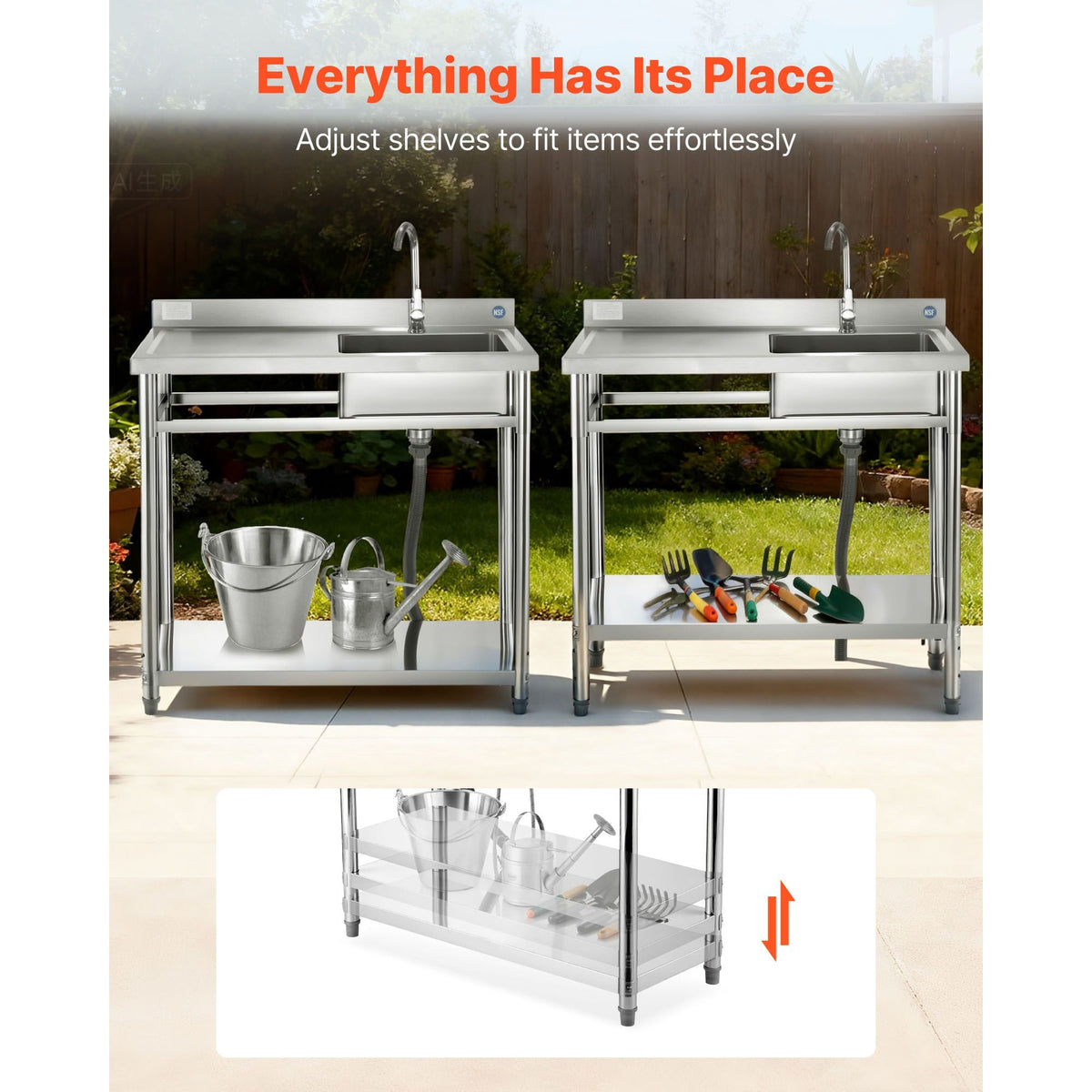 Stainless Steel Utility Sink, Free Standing Single Bowl Commercial Kitchen Sink with Faucet, 39.4 x 19.7 x 37 in, Utility Left Basin with Hot & Cold Water Pipe for Garage, Restaurant, Laundry