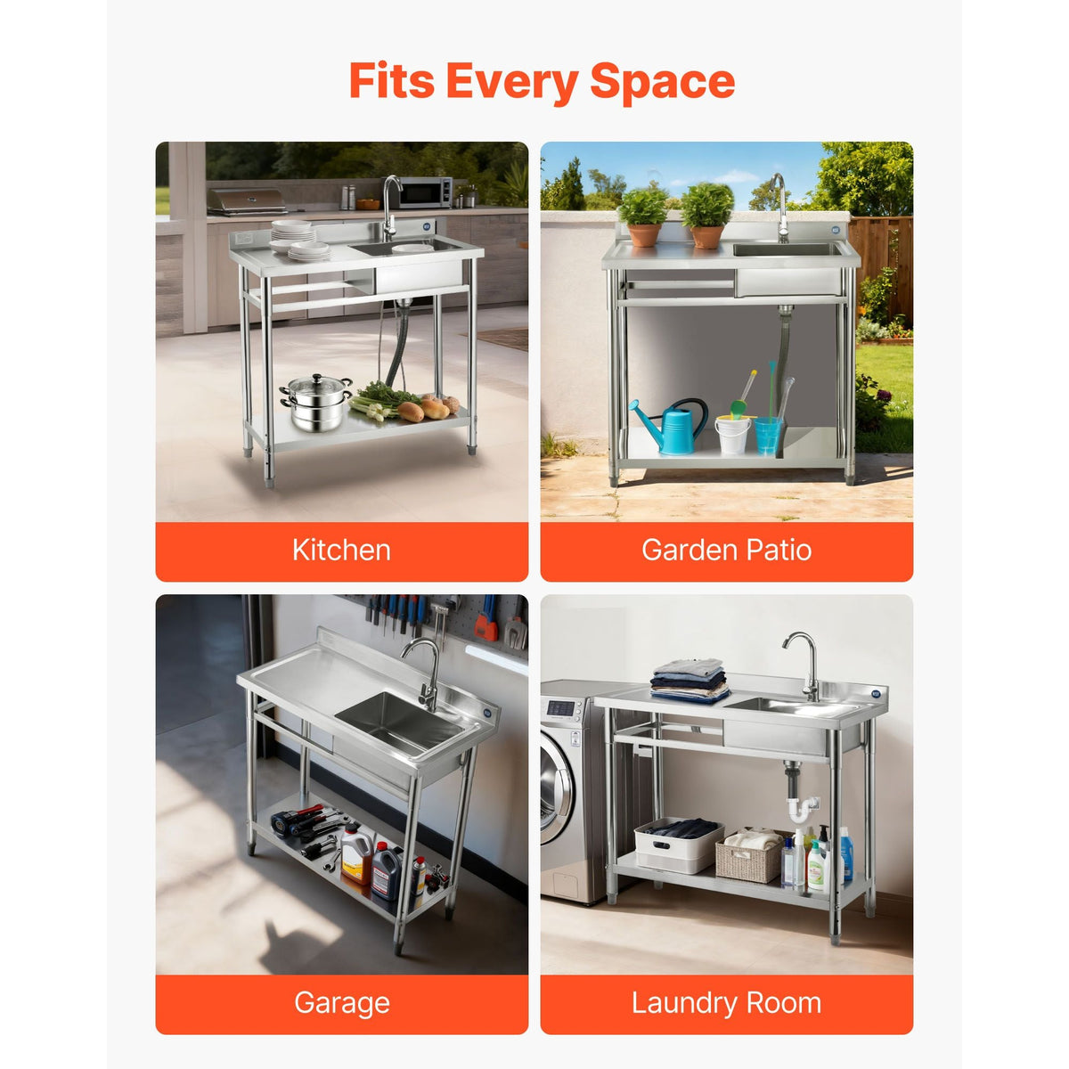 Stainless Steel Utility Sink, Free Standing Single Bowl Commercial Kitchen Sink with Faucet, 39.4 x 19.7 x 37 in, Utility Left Basin with Hot & Cold Water Pipe for Garage, Restaurant, Laundry