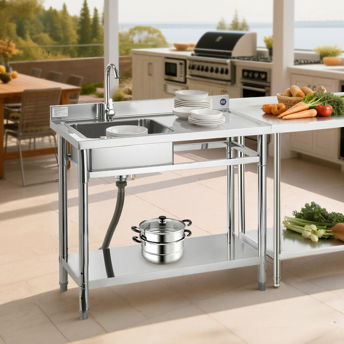 Stainless Steel Utility Sink, Free Standing Single Bowl Commercial Kitchen Sink with Faucet, 39.4 x 19.7 x 37 in, Utility Right Basin with Hot & Cold Water Pipe for Garage, Restaurant, Laundry