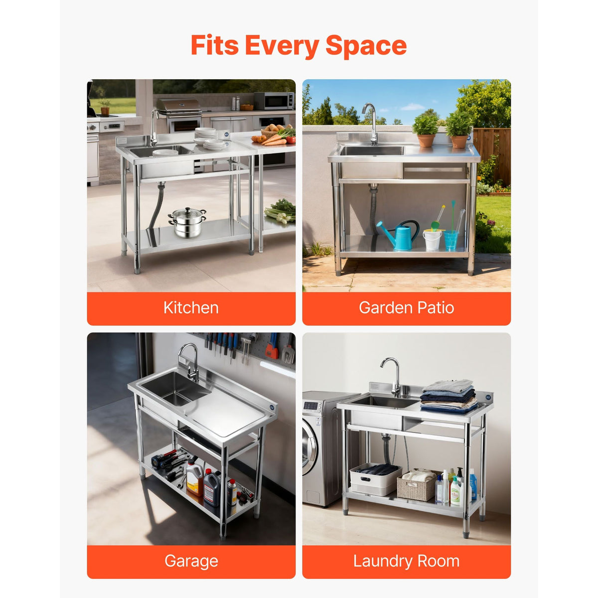 Stainless Steel Utility Sink, Free Standing Single Bowl Commercial Kitchen Sink with Faucet, 39.4 x 19.7 x 37 in, Utility Right Basin with Hot & Cold Water Pipe for Garage, Restaurant, Laundry
