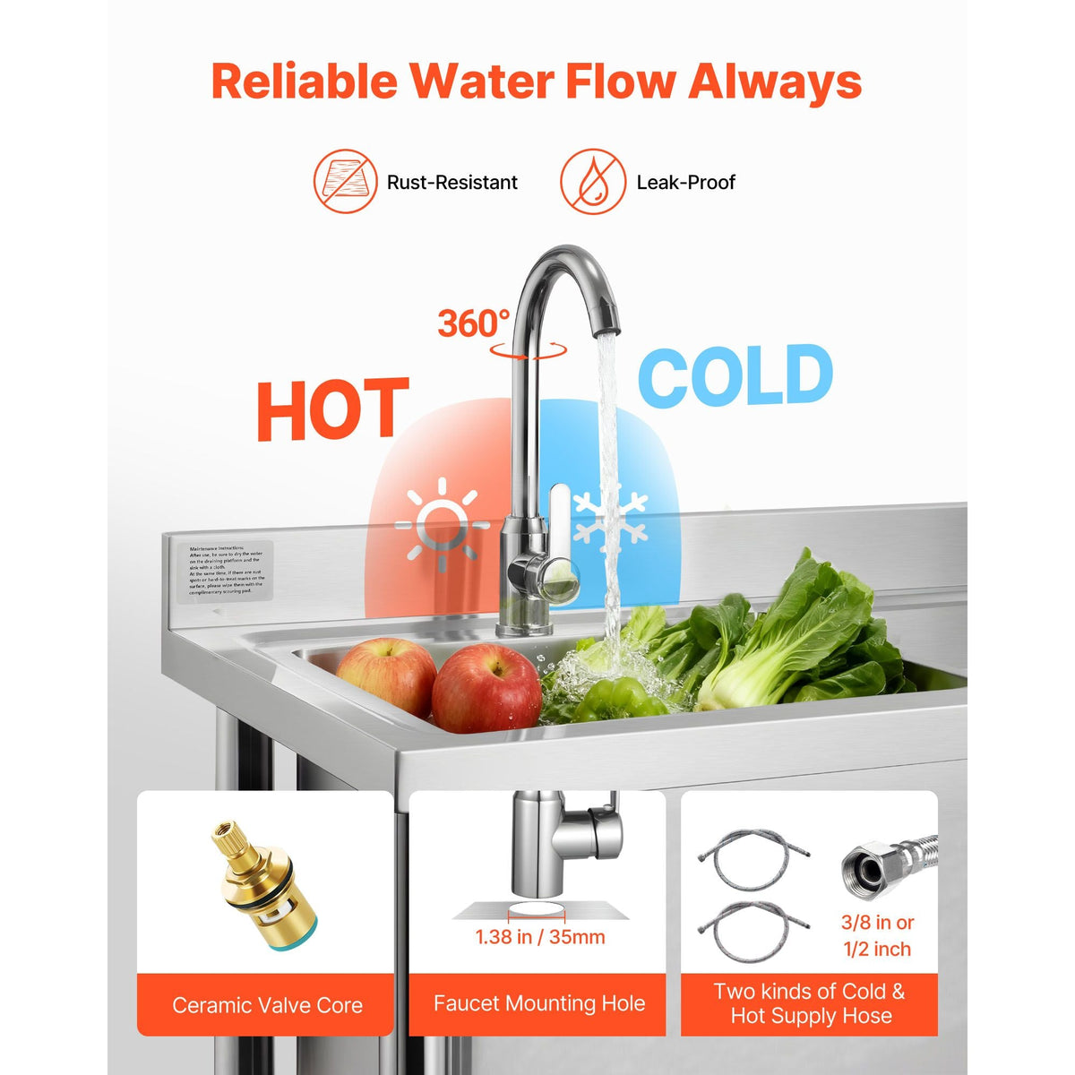 Stainless Steel Utility Sink, Free Standing Single Bowl Commercial Kitchen Sink with Faucet and Hot & Cold Water Pipe, Dual Storage Shelves for Garage, Restaurant, Laundry, 47.2 x 19.7 x 37 in